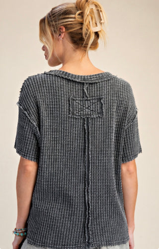 Back of Charcoal Washed Waffle Knit Top for Women – Oversized Raw Hem Pocket Tee-Easel Brand