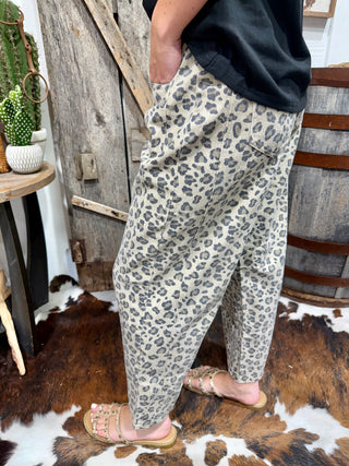 Easel Leopard Print Barrel Pants for Women | Mineral Washed Wide Leg Pants Side view 