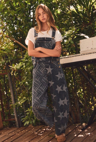 Star Spangled Patchwork Denim Barrel Overalls