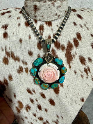 Tibetan Turquoise & Pink Conch Rose Pendant | Western Statement Necklace Pendant for Navajo Pearls