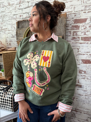 Good Luck Charms Graphic Sweatshirt – Horseshoe, Four Leaf Clover & Casino Charm Pullover