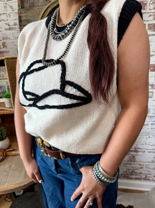 White Black Cowboy Hat Sweater Vest