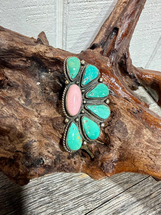 Tibetan German Silver Half Cluster Ring with Kingman Turquoise & Pink Conch | Adjustable Western Statement Ring