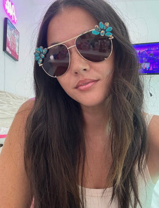 Western Turquoise Squash Aviator Sunglasses for Women | Cowgirl Sunnies | Gold Frames On person 