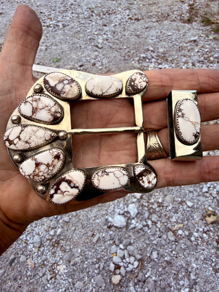 Wild Horse Turquoise Belt Buckle Set| Sterling Silver on Surgical Steel | Handmade Western Buckle & Keeper