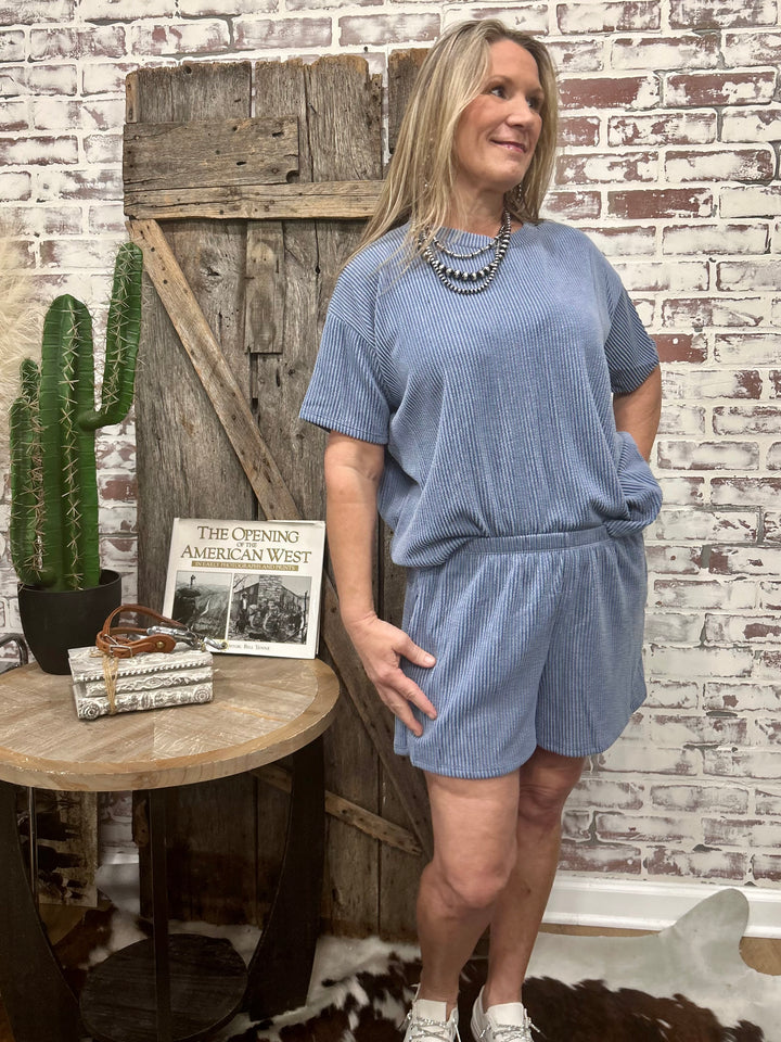 Everyday Comfy Rib Top and Short Set-Denim Blue