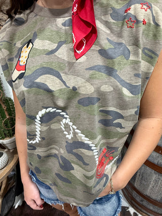 Western Embroidery Camo Rope & Cowboy Boot Muscle Tank