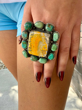 Bumblebee Jasper & Turquoise Statement Ring | Adjustable German Silver Southwestern Ring