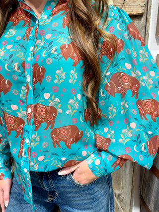 Turquoise Floral Buffalo Button-Up Sheer Blouse