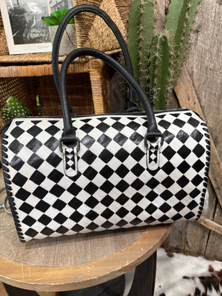 Large Black & White Checkered Speedy Leather Handbag – Western Barrel Style Purse