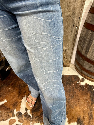 2 Fly Boot Print Cuffed Wide Leg Jeans