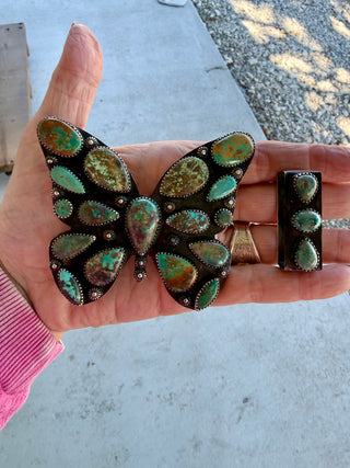 Kingman Turquoise Butterfly German Silver Belt Buckle Set