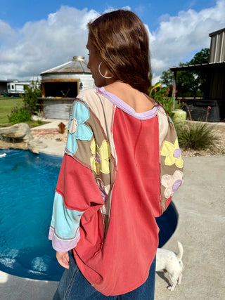 Rust Bloom Patchwork Floral Top | Boho Western Oversized Tunic