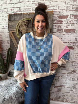 Blue Denim Checkered & Pink Sleeve Patchwork Pullover –  Casual Sweatshirt