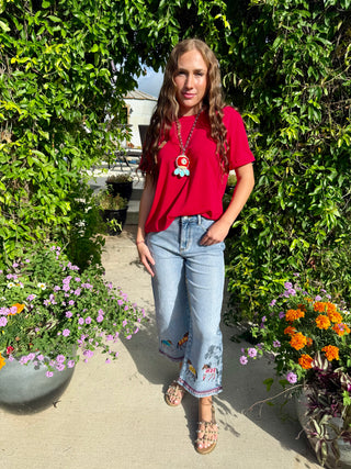 Embroidered Horse Cropped Wide Leg Jeans | Western Denim Capris for Women
