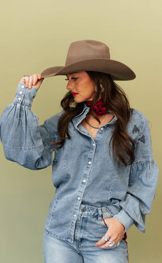 The Denim Drama Pearl Snap Top