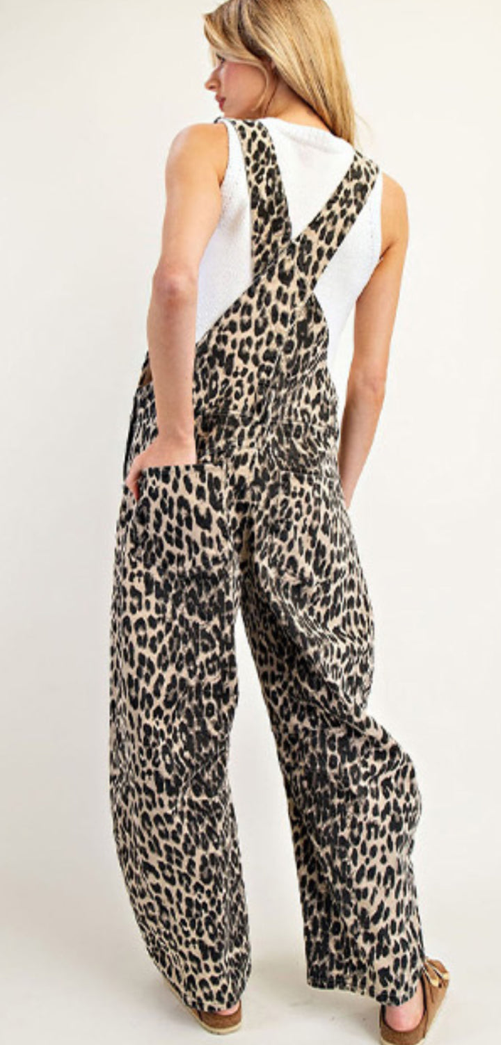 Leopard Print Barrel Overalls