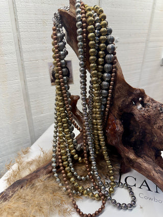 Multi-Strand Fluted Navajo Style Bead Necklace – Mixed Metal Western Statement-7 Strands