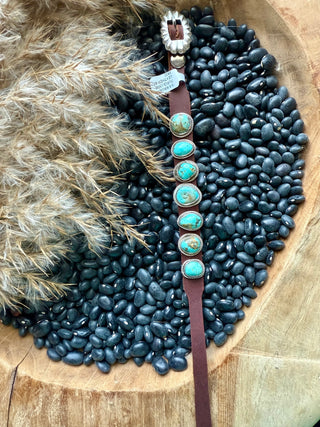 Sterling Silver & Turquoise Leather Cuff Bracelet – Native American Western Jewelry-B
