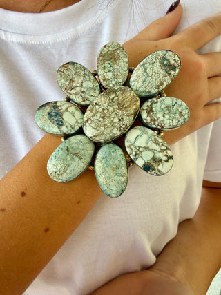 Larimar Statement Cuff Bracelet | German Silver Floral Cuff