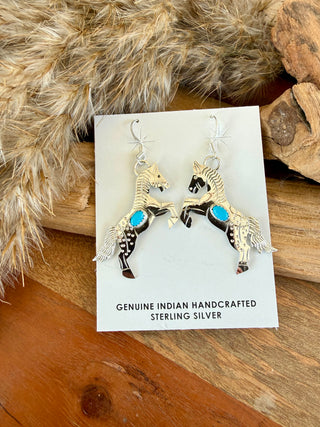Native American Sterling Silver Turquoise Horse Dangle Earrings