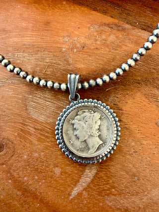 Vintage Mercury Dime Pendant on Navajo Pearl Necklace