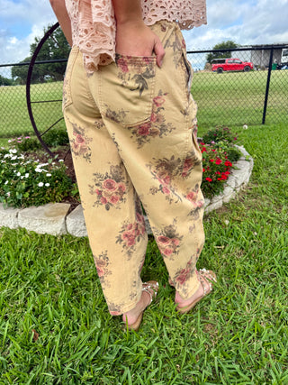 Easel Vintage Floral Barrel Pants | Mineral Washed Cotton Twill Pants- Oatmeal Back of 