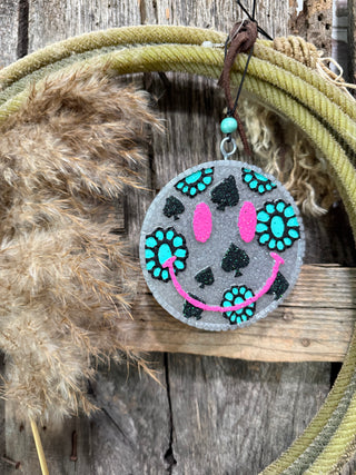 Western Smiley Face Car Freshie – Turquoise Squash & Cowprint Glitter Air Freshener
