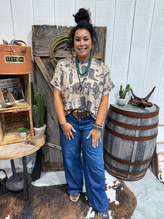 Vintage Western Ranch Print Tee for Women – Cowboy & Horse Graphic Cowgirl Top