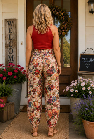 Flower Print Boho Barrel Jeans – Boho Floral Leg Pants