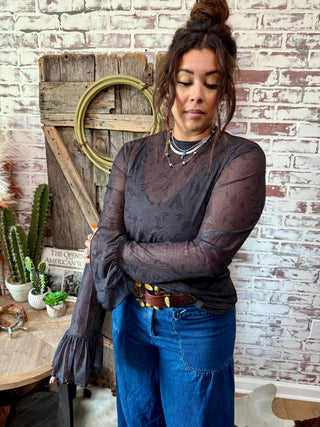 Black Tooled Leather Mesh Bell Sleeve Top