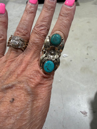 Nepal Turquoise Floral Statement Ring – German Silver Adjustable