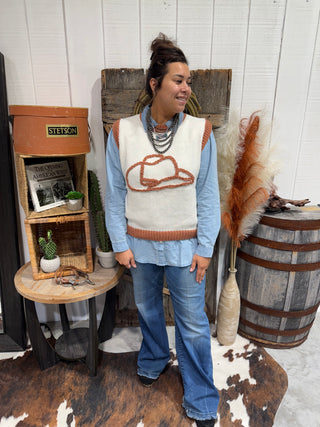 Tan Chenille Cowboy Hat Sweater Vest