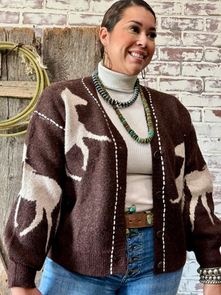 Brown Knit Horse Cardigan with V-Neck & Button Front – Western Style Sweater