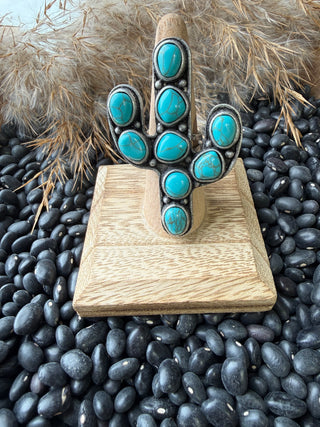 Faux Turquoise Cactus Statement Ring – Western Burnished Silver Cowgirl Ring-Adjustable