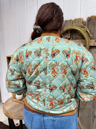 Howdy Cowgirl Western Print Quilted Bomber Jacket – Vintage Rodeo Retro Style
