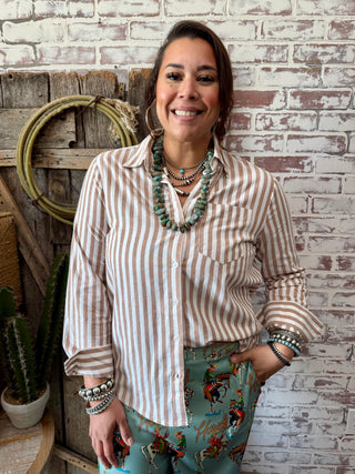 Tan & White Long Sleeve Button Up Layering Top