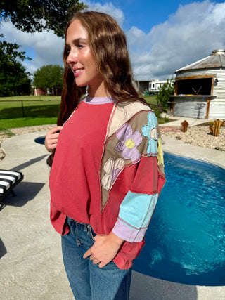 Rust Bloom Patchwork Floral Top | Boho Western Oversized Tunic Side view 