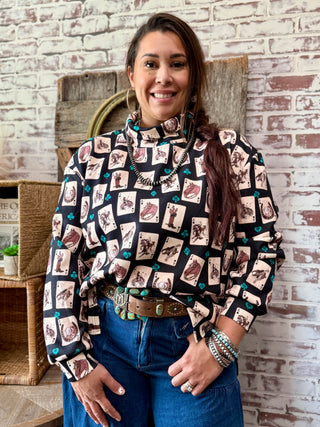Luck of the Brand Mock Neck Top – Western Playing Card Print Long Sleeve