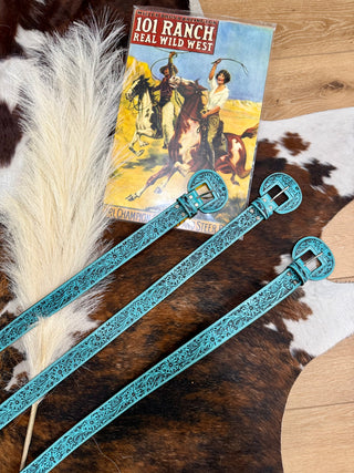 Turquoise Tooled Leather Western Belt With Removable Buckle