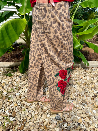 Leopard Rose Barrel Pants for Women | Western Floral Wide Leg Cropped Jeans