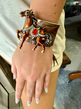 Sandra Ling Vintage Western Running Horse Leather Cuff Bracelet | Rhinestone Horse Statement Bracelet