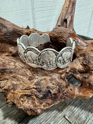 Buffalo Nickel & Turquoise Stretch Bracelet | Western Statement Silver Bracelet