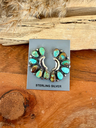 Turquoise Cluster Crescent Moon Sterling Silver Earrings