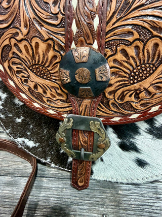 Tooled Leather & Hair-On Hide Crossbody Bag – Western Floral Carved Purse by American Darling Buckle detail 
