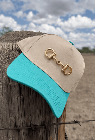 3” Gold Snaffle Bit Snapback Cap | Western Turquoise & Khaki Hat - Barbwire n Bougie Boutique