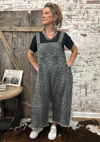 Easel Leopard Print Twill Overalls-Gray