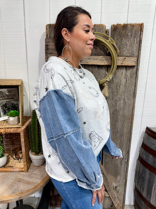 Denim Sleeve Wild West Graphic Sweatshirt