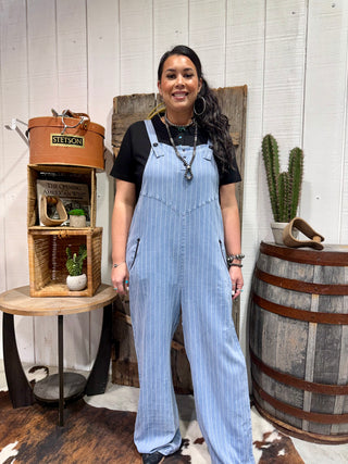 2 Fly Co Ranch Hand Pinstripe Denim Overalls | Western Wide Leg Button Front Jumpsuit