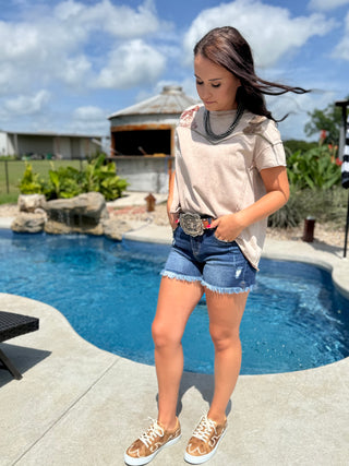 The Lone Cowgirl Western Embroidered Yoke High Low T Shirt-Taupe
